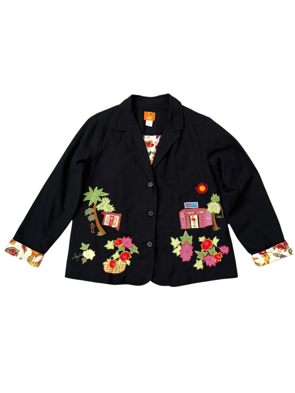 Hearts of Palm Embroidered Tropical Floral Black Cotton Jacket Blazer 14 Boho